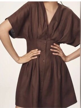 Anthropologie Exquise Brown linen Button-Front Waist-Defined Mini Dress